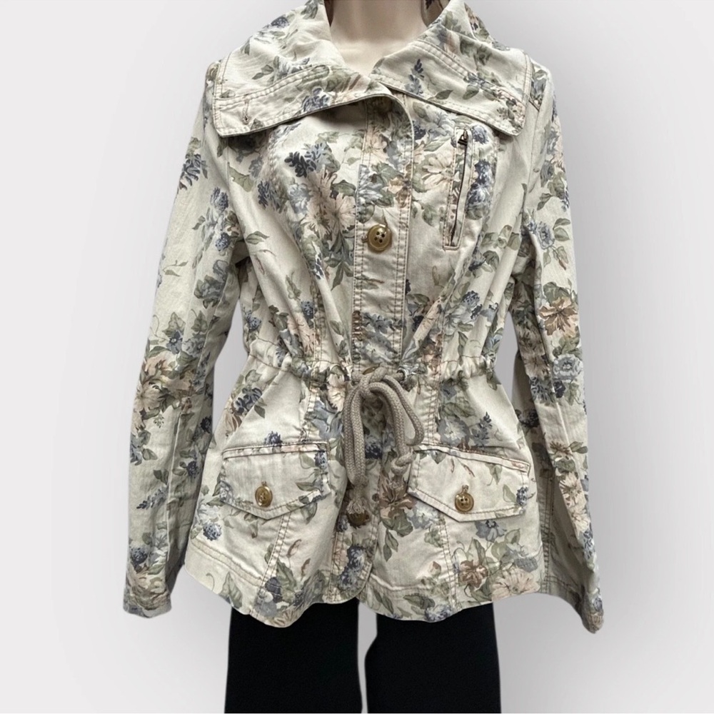 Anthropologie Jacket Women 12 Blue Cream Floral Canvas Coastal Capsule Brunch